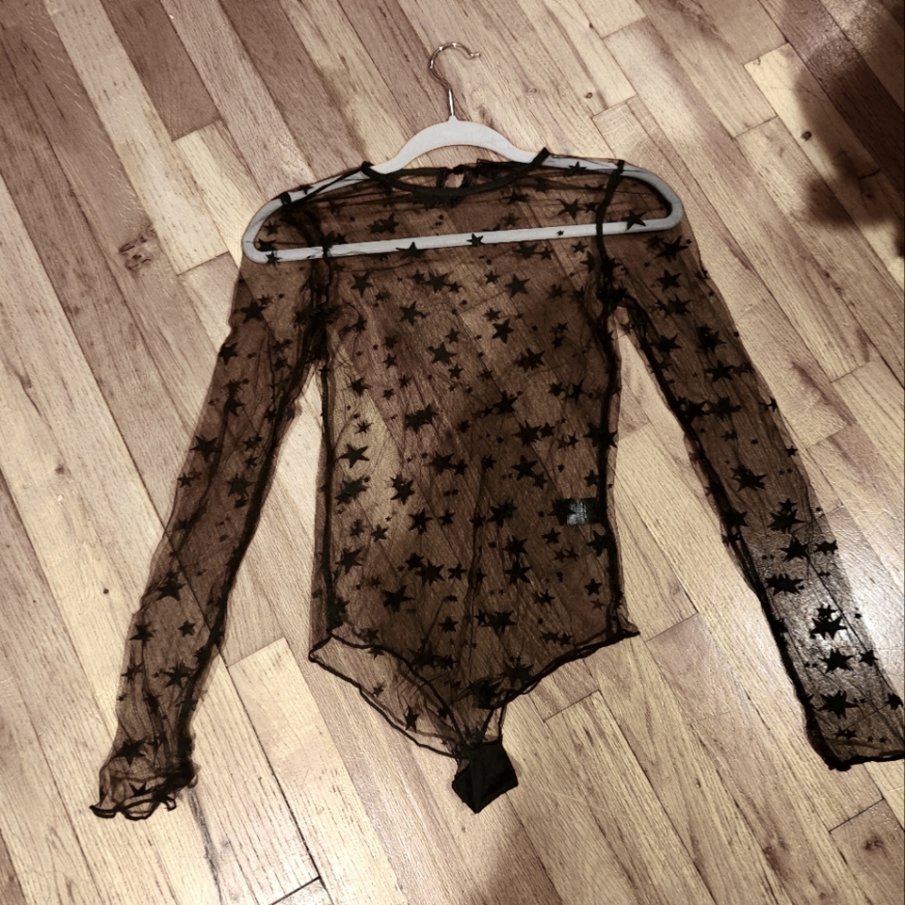 Love Mar black mesh star print bodysuit size small